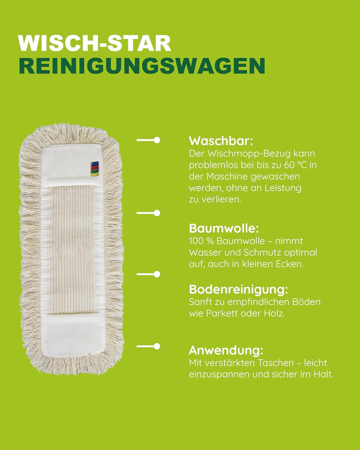 Wisch-Star 5X Wischmopp Bezug 40 cm aus Baumwolle in Weiss, Bodenwischer Bezug, Ersatzbezug mit Tasc