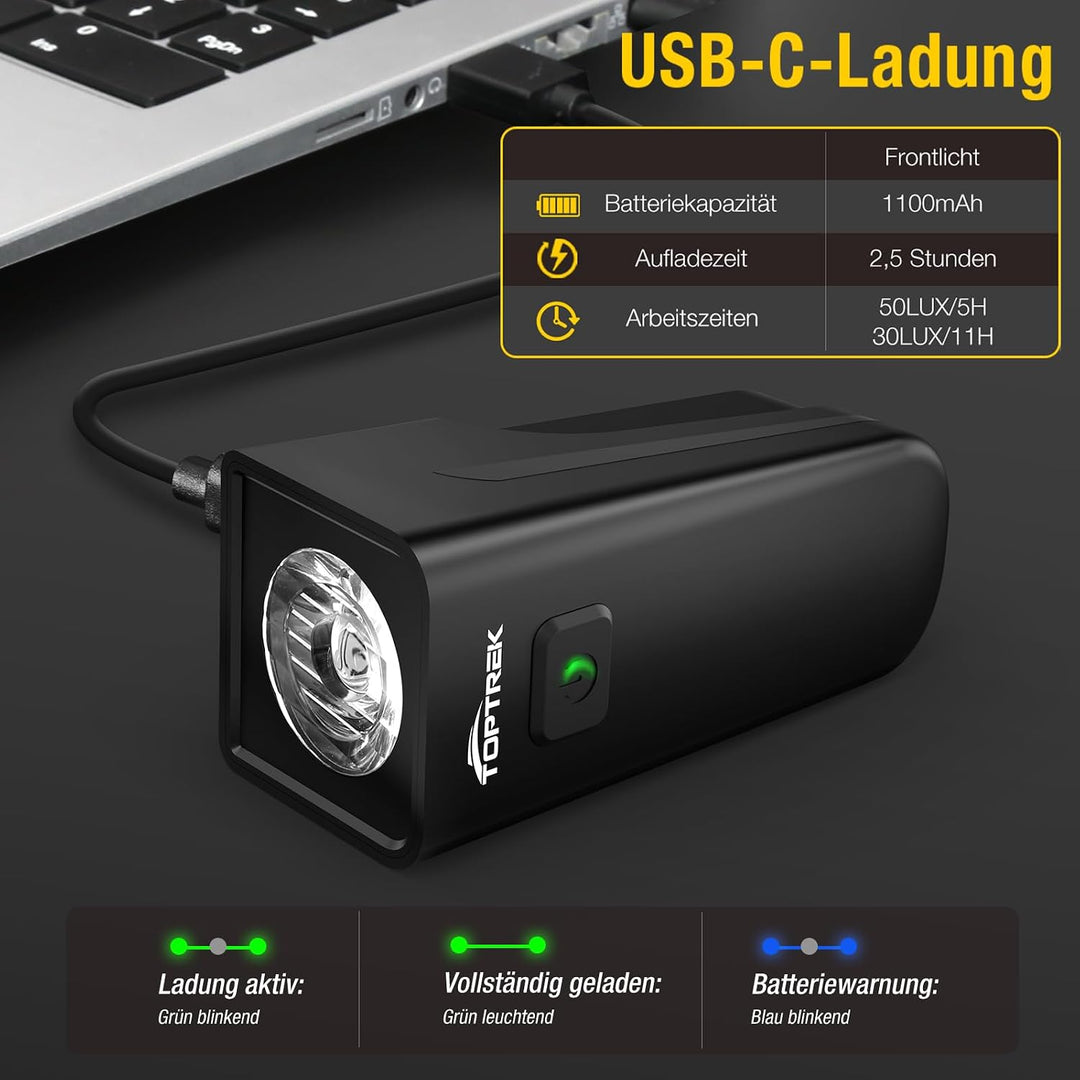 toptrek Led Fahrradlicht Vorne USB C Aufladbar mit 5-11h Akkulaufzeit