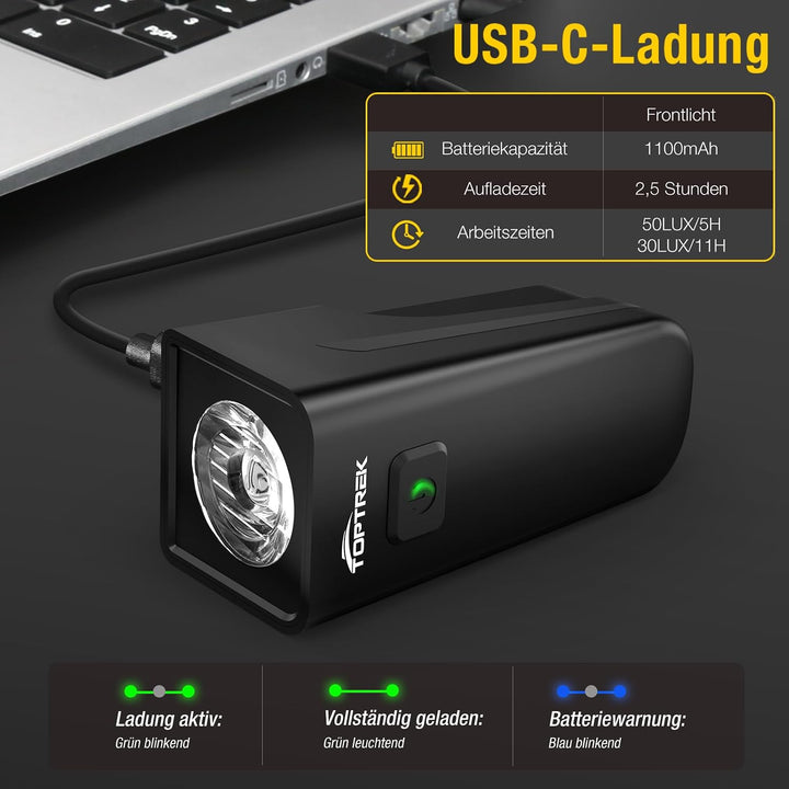 toptrek Led Fahrradlicht Vorne USB C Aufladbar mit 5-11h Akkulaufzeit