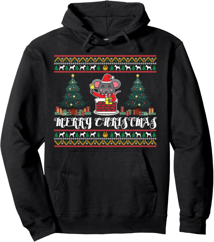 Funny Merry Christmas mouse in the chimney Pullover Hoodie