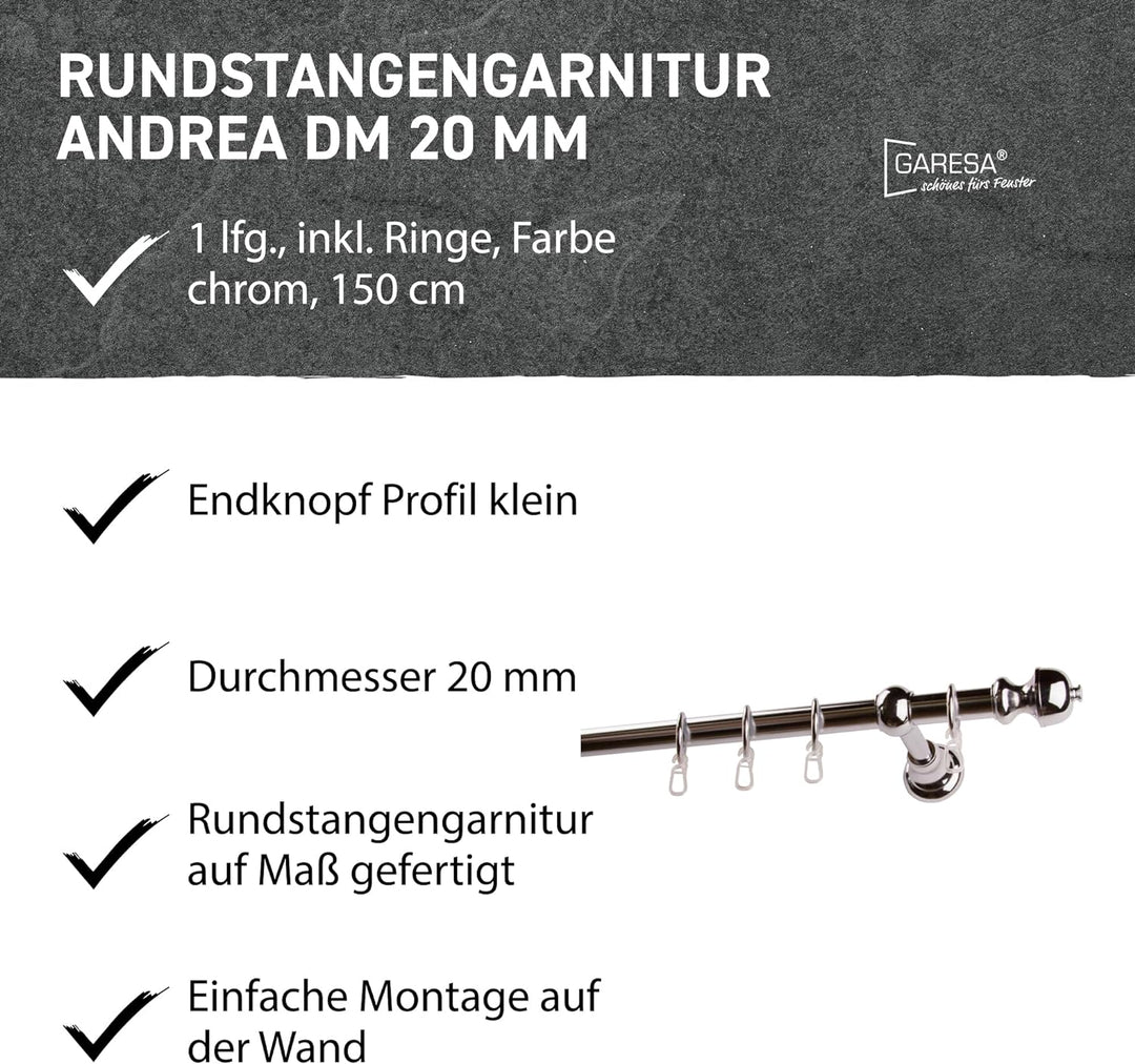Garesa Gardinenstange Andrea Ø 20mm, 1-läufig, Chrom I Stabile Vorhangstange inkl. Ringe + Faltenleg