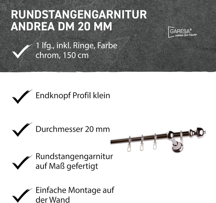 Garesa Gardinenstange Andrea Ø 20mm, 1-läufig, Chrom I Stabile Vorhangstange inkl. Ringe + Faltenleg