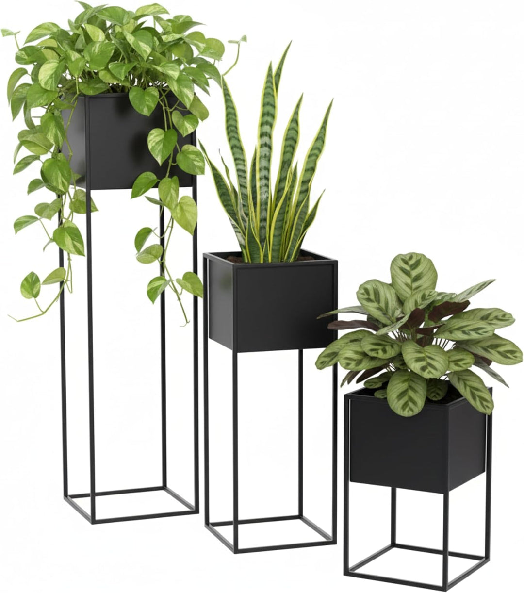 Blumenständer Metall Schwarz Set 3 (Höhe 40, 70 &amp; 100 cm) - Pflanzenständer - Modern Deko Wohnzimmer