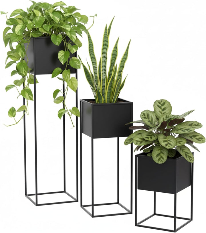 Blumenständer Metall Schwarz Set 3 (Höhe 40, 70 &amp; 100 cm) - Pflanzenständer - Modern Deko Wohnzimmer