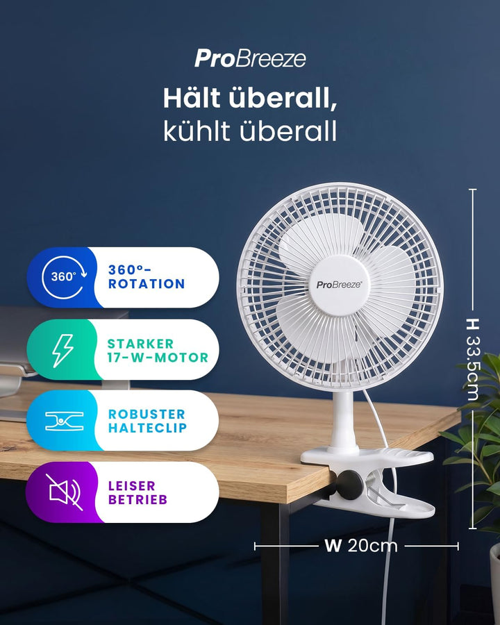 Pro BreezeTM Mini Ventilator mit Clip, sehr leiser Betrieb, 20 cm Durchmesser, 2 Geschwindigkeitsstu