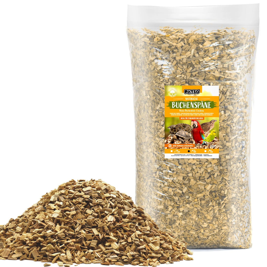 PÄTSO 15kg Buchenspäne Einstreu für Terrarium, Stall, Voliere - FEIN MITTEL GROB - Natürliche Buchen