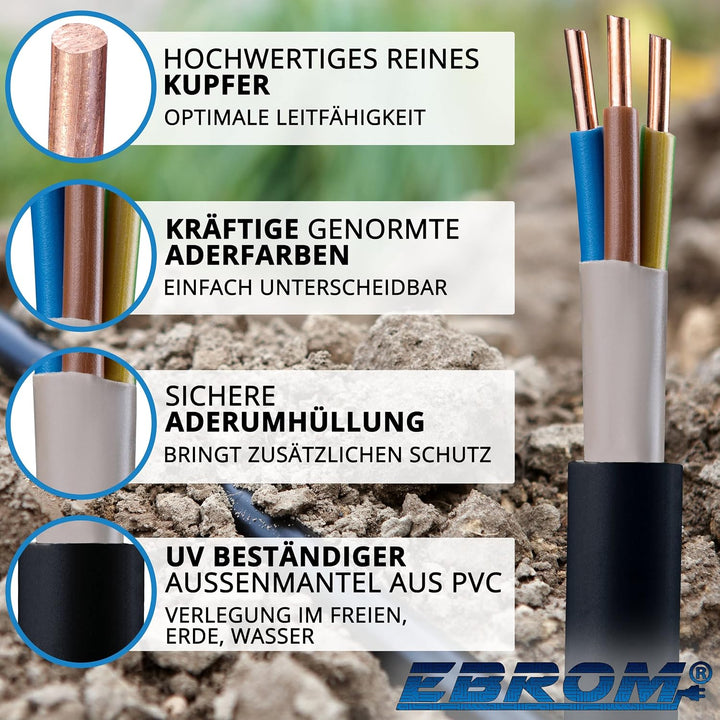 EBROM Erdkabel NYY-J 3x6 mm² Starkstromkabel Erdleitung schwarz - 41 m 41 Meter, 41 Meter