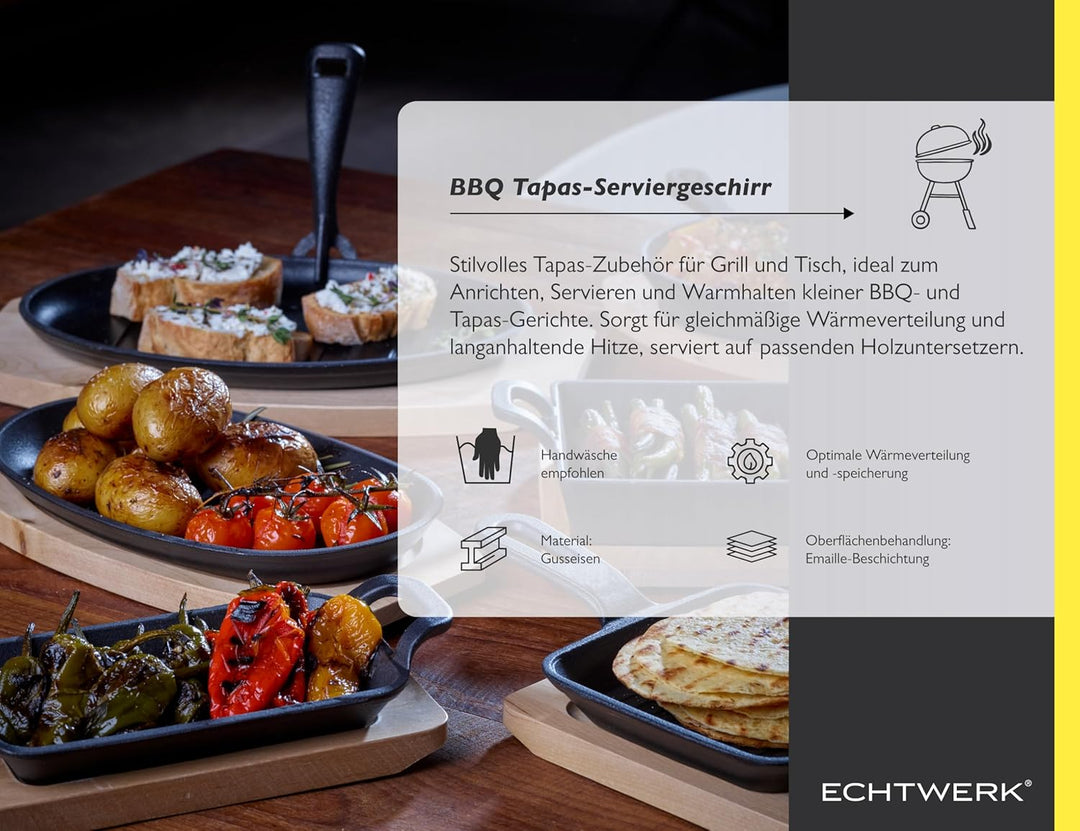 ECHTWERK Servierschalen Set aus Gusseisen, Servierpfännchen, Auflaufform mit Servierbrett, Grillpfan
