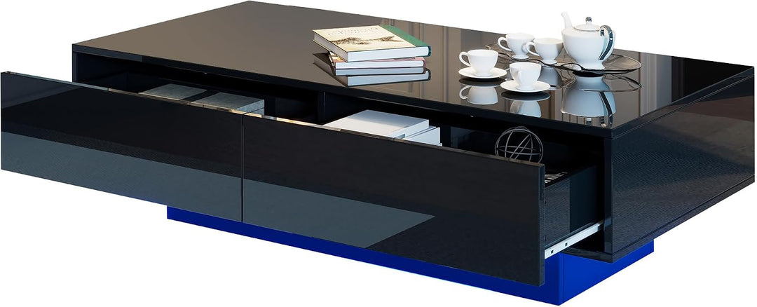 Merax Couchtisch Schwarz Hochglanz, Wohnzimmertisch mit LED Beleuchtung, Kaffeetisch mit 2 Schublade