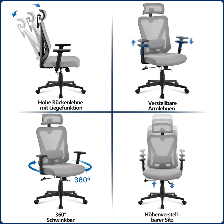 Yaheetech Bürostuhl Ergonomisch, Schreibtischstuhl mit Verstellbarer Kopfstütze, Armlehnen, Lendenwi