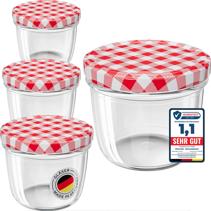 WELLGRO 50x Einmachgläser 230ml – Schraubdeckel TO82 rot kariert – Made in Germany – Vorratsgläser,