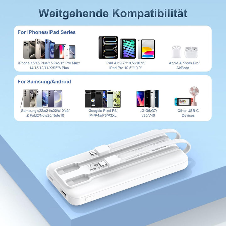 AsperX 2 Stück Powerbank 10000mAh mit USB-C Kabel Schnellladen Schwarz + Weiss, Schwarz + Weiss