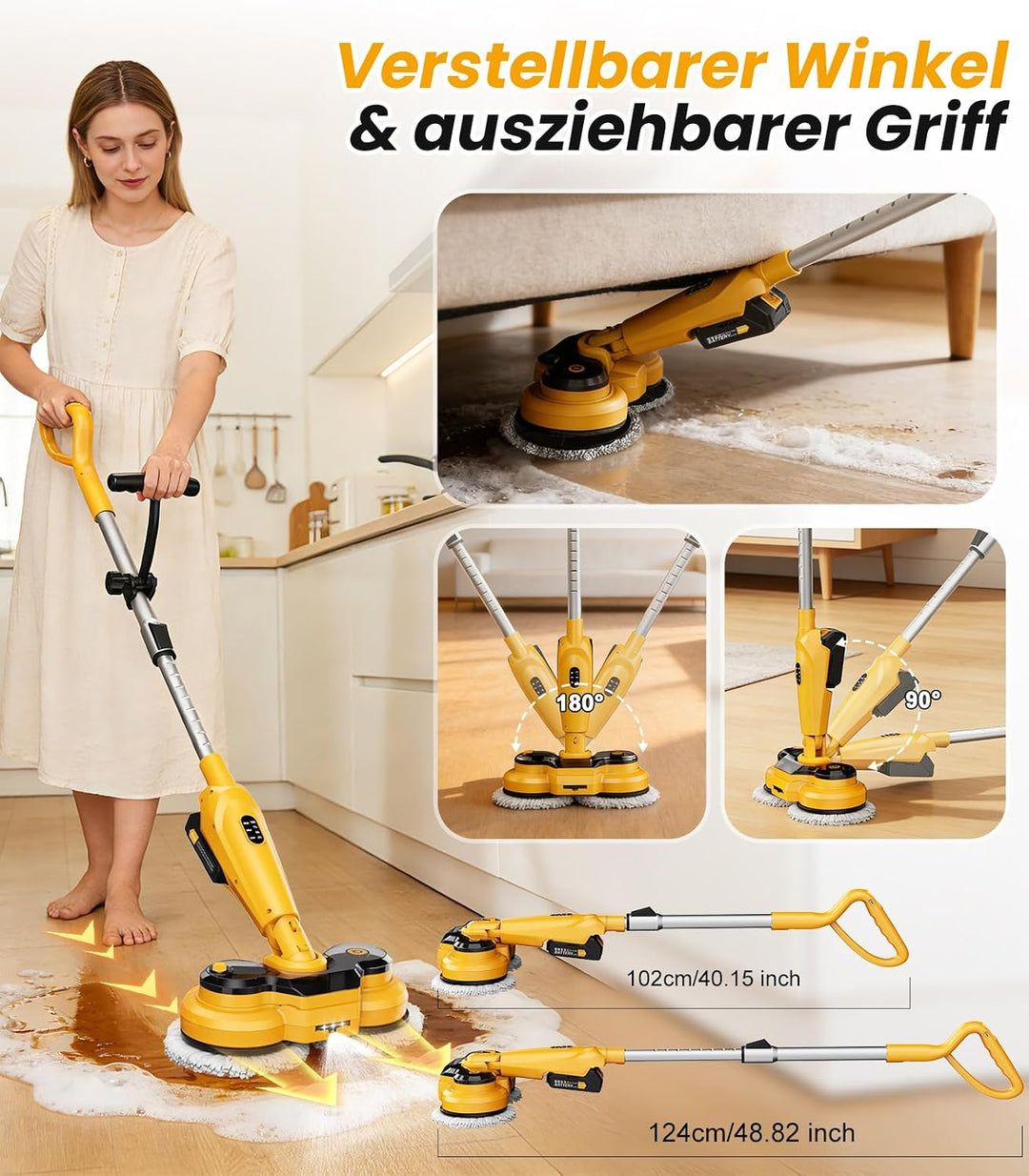 Qimedo Elektrischer Wischmopp 6000mAh Kabelloser Bodenreiniger 800 U/min Gelb, Gelb