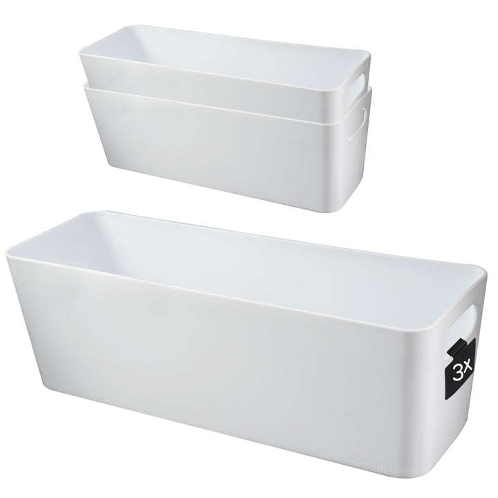 3x Ordnungsbox - 10 cm hoch - WEISS - 30x10x10cm - 2 Liter - mit Beschriftungsclip Ordnungskorb Schu
