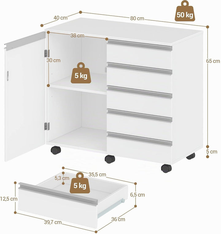 Hzuaneri Rollcontainer mit 5 Schubladen &amp; Schranktür, Mobiler Aktenschrank mit Rollen, platzsparende