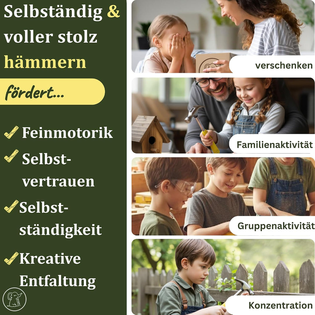 Eli® Kindersäge + Kinderhammer ab 6 Jahre + 4 Sägeblätter für Holz Metall Kindersäge + Hammer, Kinde