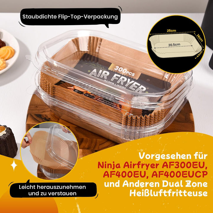 300 Stück Backpapier für Heissluftfritteuse mit Doppelkammer, 20,5x14CM Airfryer Backpapier für Ninj