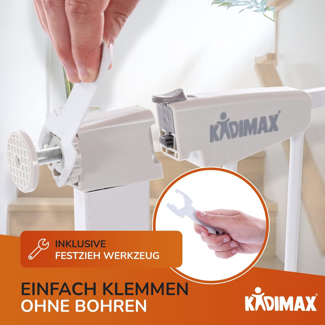 KIDIMAX Treppenschutzgitter (Modell 2022) 75-84 cm, ohne Bohren, Türschutzgitter für Kinder, Hunde u