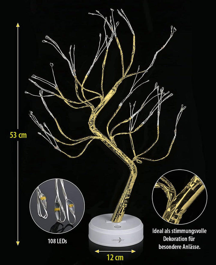 Lunartec Baum Lichterbaum: LED-Lichterbaum, 108 LEDs, USB oder Batterie, 53 cm hoch, goldfarben (Gol