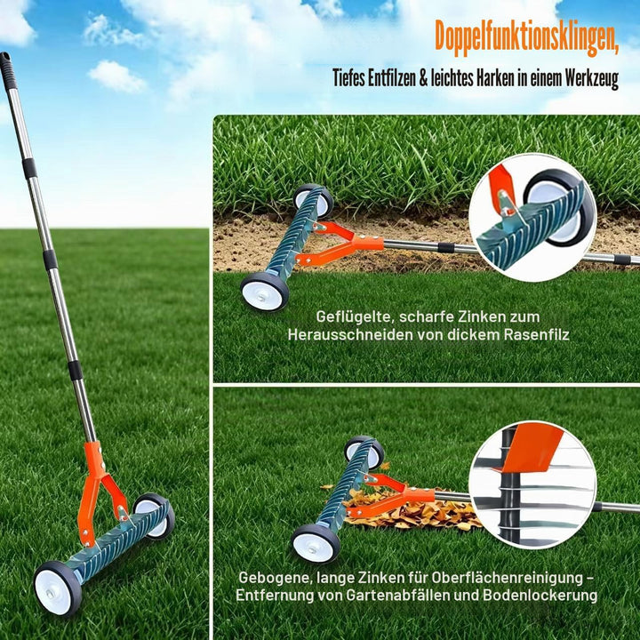 Handvertikutierer mit Rollen, 165cm Vertikutierrechen Garten, Rasenrechen mit Rädern, Laubrechen mit