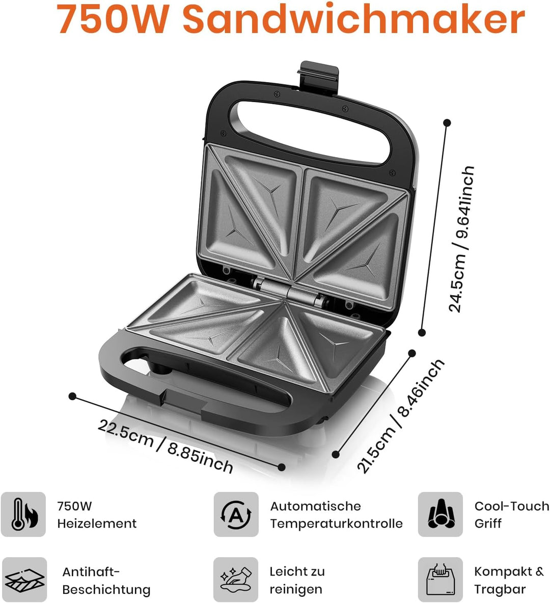 Sandwichmaker 750W mit Antihaftbeschichtung für 2 Sandwiches Automatischer Temperaturregelung Cool T