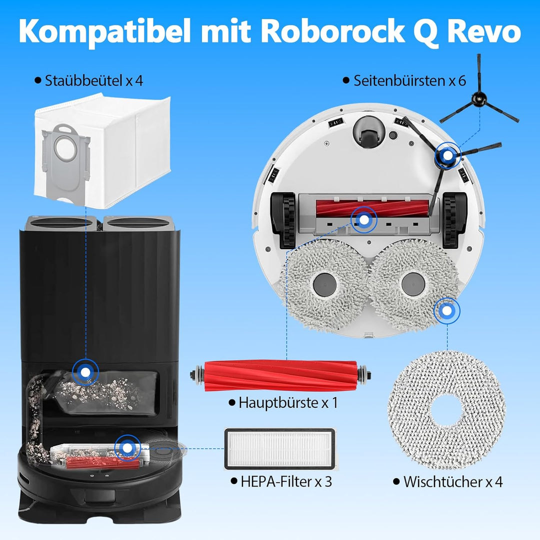 20 Stück Zubehörset für Roborock Q Revo/ P10 Staubsaugerroboter【Not for Q Revo S/Pro/Maxv】1 Hauptbür