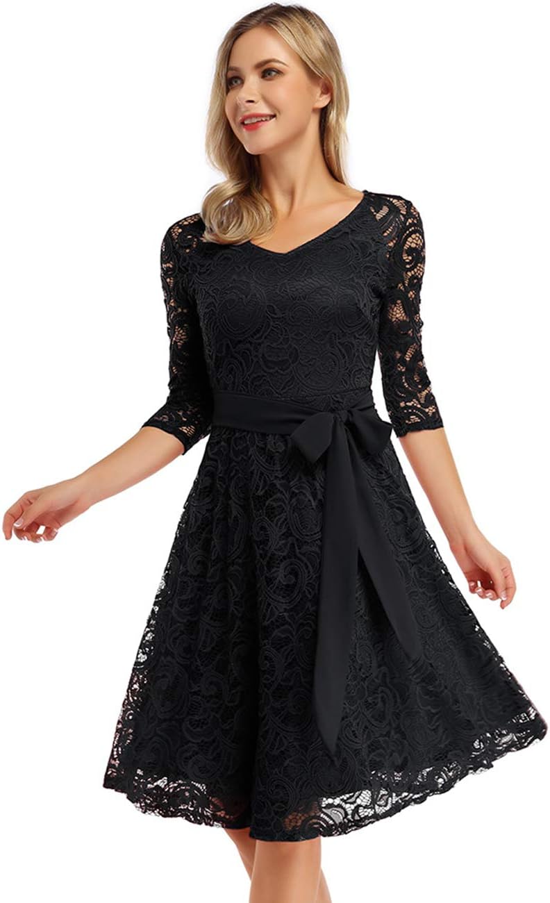 KOJOOIN Damen Vintage Brautjungfernkleider für Hochzeit Knielang Spitzenkleid Cocktailkleid Ballklei