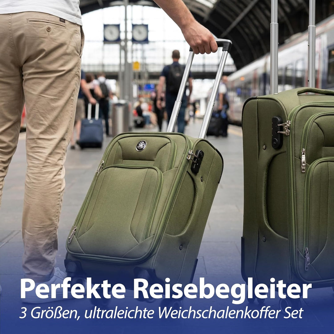 Cepewa Kofferset 3er Set aus Stoff | Oliv 3 Grössen Nylon | Teleskopstange Doppelrolle Zahlenschloss