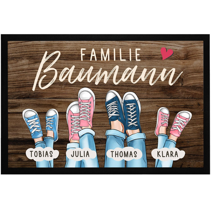 Fussmatte Personalisiert Familie bis zu 4 Kinder Aufdruck Turnschuhe Farben anpassbar rutschfest &amp; w