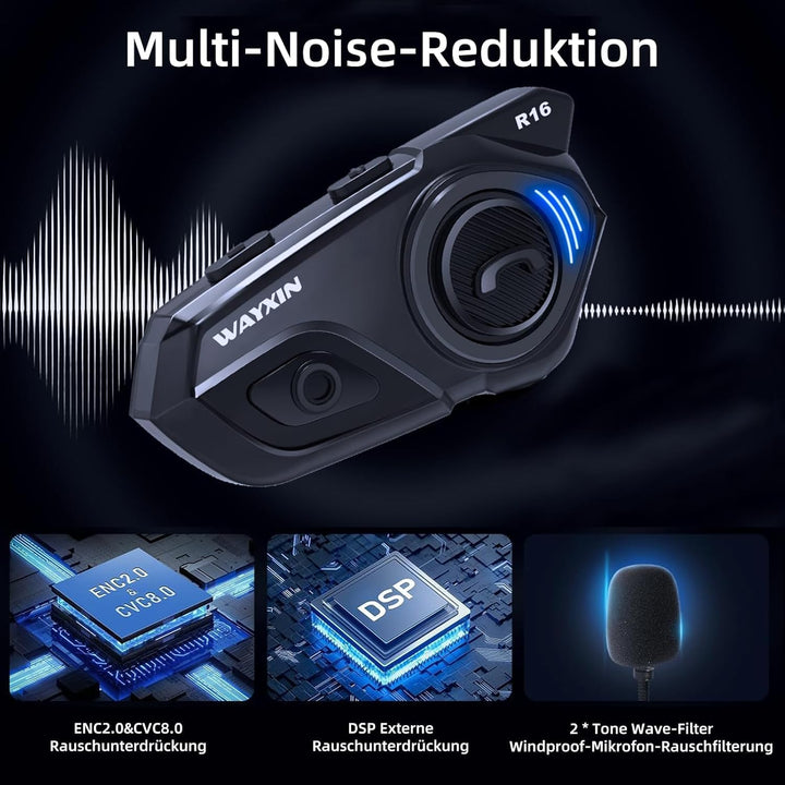 R16 Motorrad Bluetooth Headset –motorradhelm -Intercom mit Dual-Chip, Multi-Audio,IP67 wasserdicht,