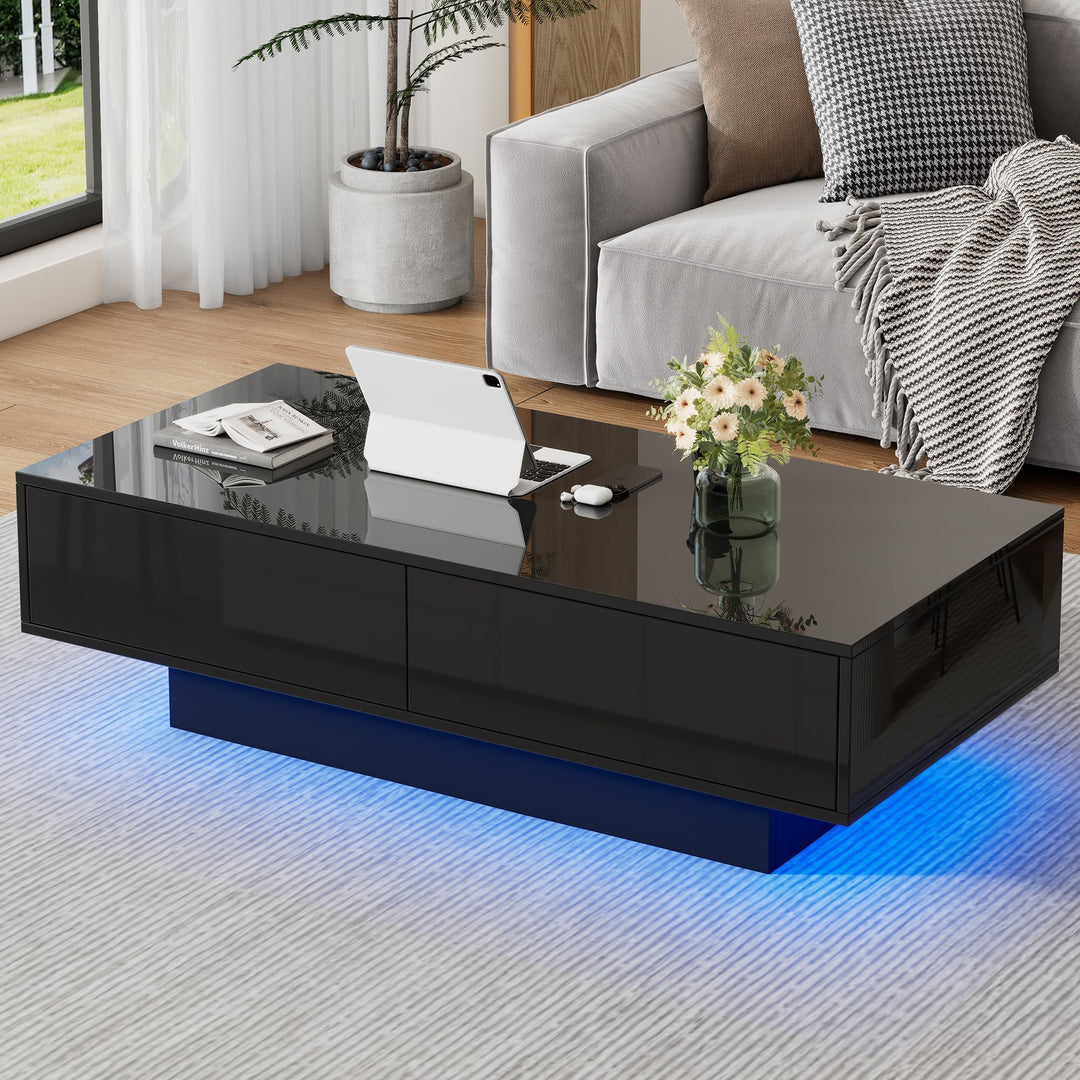 Merax Couchtisch Schwarz Hochglanz, Wohnzimmertisch mit LED Beleuchtung, Kaffeetisch mit 2 Schublade