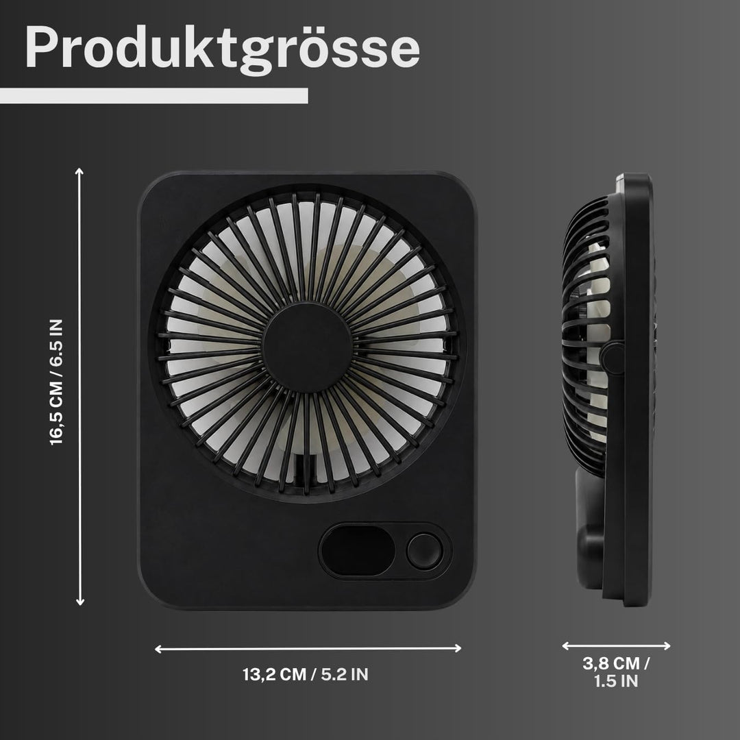 Tischventilator Schwarz - USB-betrieben, kompakt, leise, 5 Geschwindigkeitsstufen, LED Batterieanzei