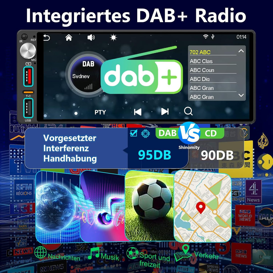 DAB+ 6,9 Zoll 1 Din Autoradio mit drahtlosem CarPlay &amp; Android Auto, Bluetooth, Full Touch Autoradio