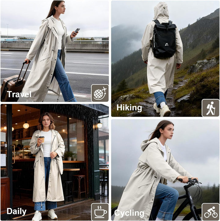 LAMA Stilvoller langer Regenmantel Unisex Regenponcho mit Wasserdichte Pattentasche Kapuze Tunnelzug
