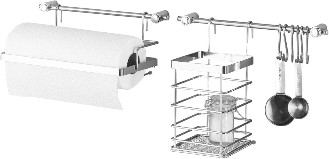 Metlex Edelstahl Küchenreling 60 cm, Hakenleiste mit Behälter für Besteck, Wandmontage, Silber, 10 T