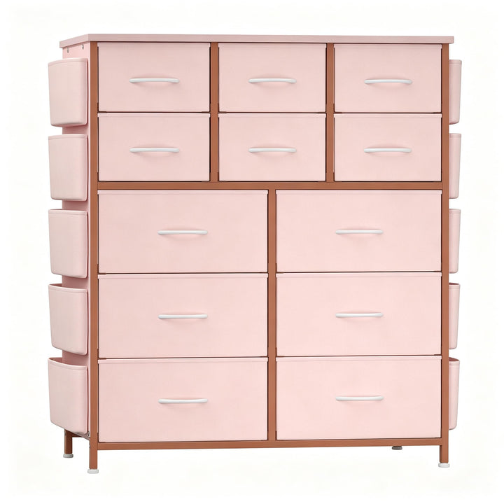 GarveeHome Stoffkommode 99x30x110 cm Metall MDF 12 Schubladen Pink Rosa, Rosa