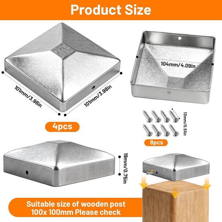 4 Stück Pfostenkappen 101x101mm Zaunpfosten Kappen Rostfreie Verzinkte Pfostenabdeckung aus Metall m