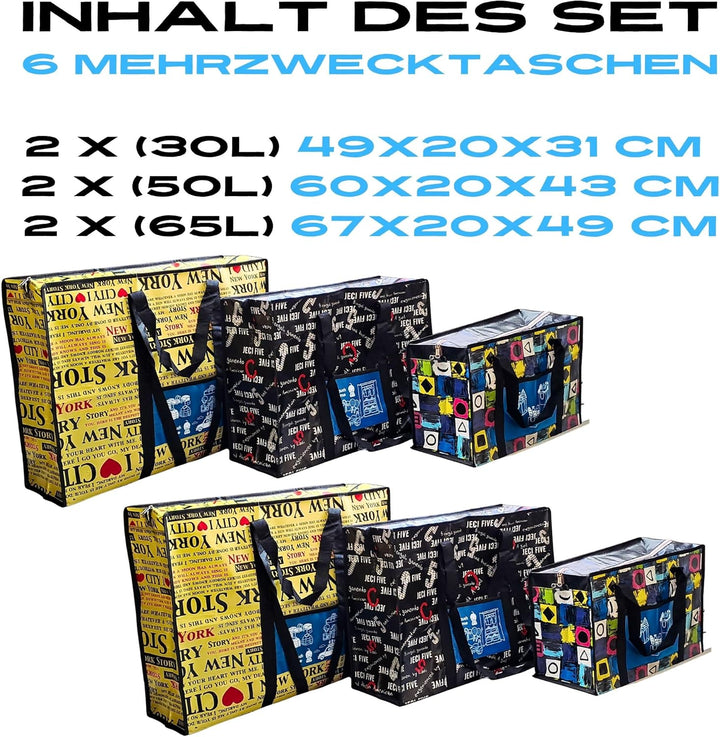 6er-Set Mehrzwecktaschen Mix-Pack (2x 30L, 2x 50L, 2x 65L) mit Rucksackfunktion, robuste Umzugstasch