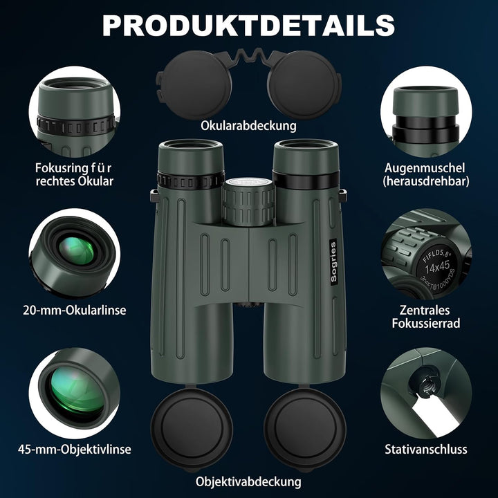 14x45 Fernglas für Erwachsene, leistungsstark, professionelles HD-Fernglas zur Vogelbeobachtung, Jag
