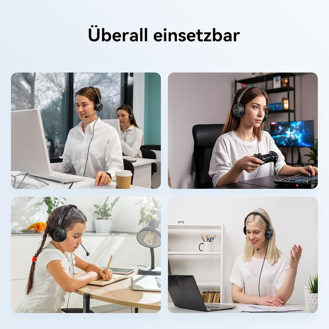 TECKNET Headset mit Mikrofon, USB Headset, kabelgebundenes PC-Headset, 2,0 m langes Kabel, Stereo-Ko