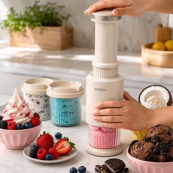 Seeger CompactCream 5-in-1 Kompakte Eismaschine mit 3 Dessertbechern CompactCream Eismaschine, Compa
