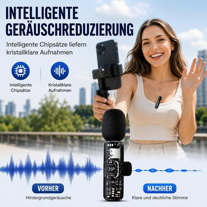 GLOBAL TECH Kabellose Lavalier Mikrofone für iPhone/Android/iPad/Tablet - Mini Mikrofon für Handy mi
