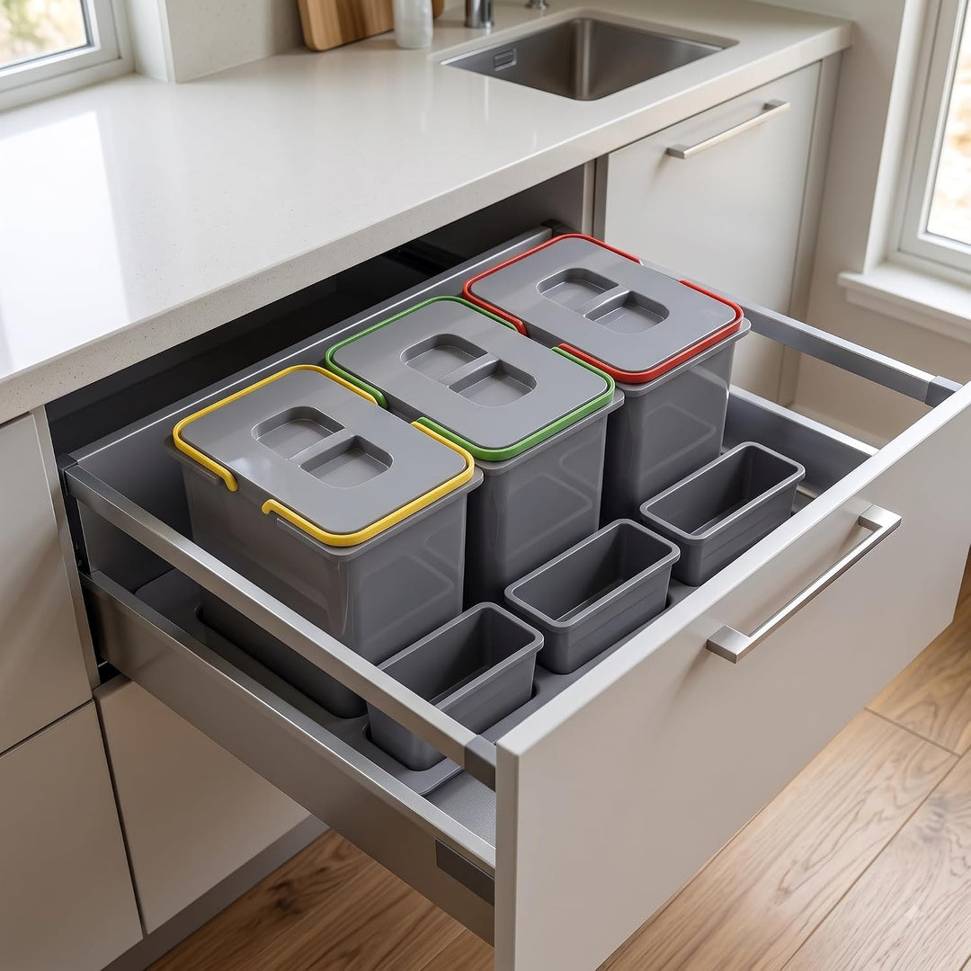 Mülltrennsystem Küche für 80 cm Schrank 3-fach 72,5x49x30 cm (3x 15L) mit Deckel Einbau Abfallsammle