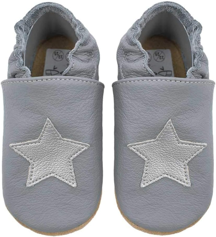 HOBEA-Germany Kitaschuhe Safestep, Kinderhausschuhe, Lederschuhe 28/29 EU Grau Stern Silber, 28/29 E