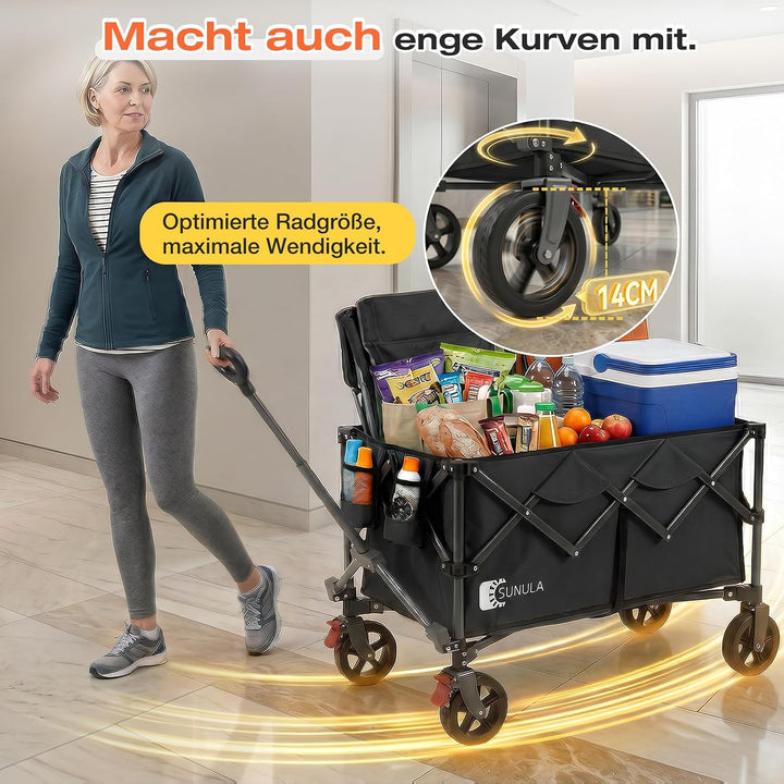 SUNULA Bollerwagen Faltbar 150L 120KG, Handwagen Geländegängig mit Bremsen Schwarz 150 L, Schwarz 15