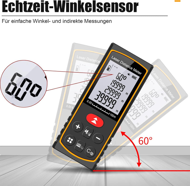 Laserentfernungsmesser 40M 60M 100M mit Winkelsensor, ±2mm Präzision Digitaler Entfernungsmesser ink