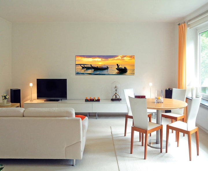 Paul Sinus Art Panoramabild auf Leinwand und Keilrahmen 120x40cm Thailand Strand Fischerboote Abends