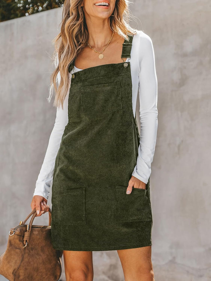 CUPSHE Damen Latzrock Quadratischer Ausschnitt Hosenträger Taschen Cord Latzkleid Overallkleid Freiz