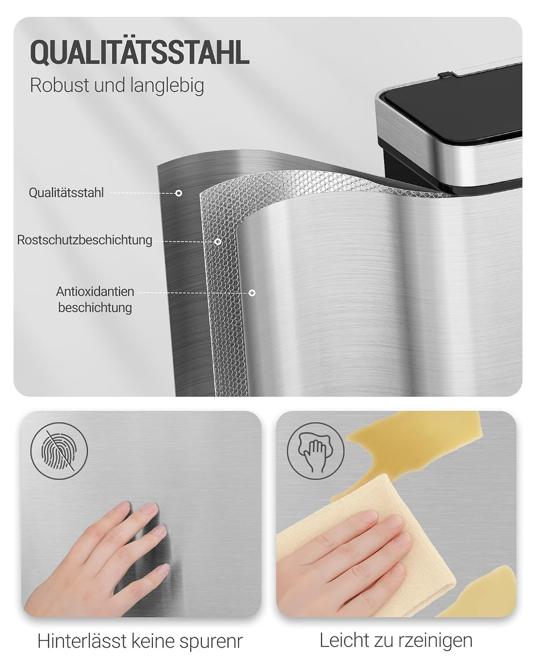 Hzuaneri Sensor Küchen Mülleimer 72 L, Automatischer Abfalleimer mit 3+1 Fächer, Mülltrennsystem, Mü