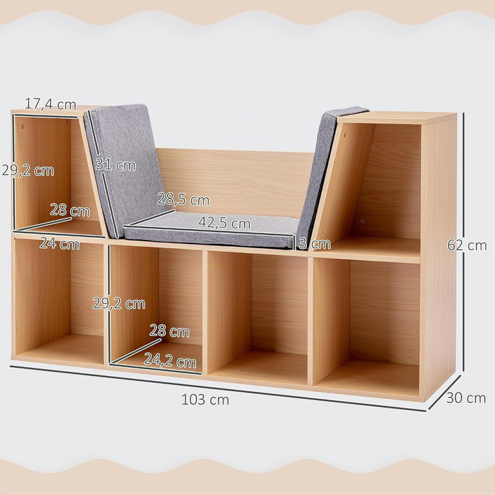 HOMCOM Bücherregal Kinder Kinderregal mit Sitzhocker 6 Fächern 3 Kissen Spielzeugregal Kinderbücherr